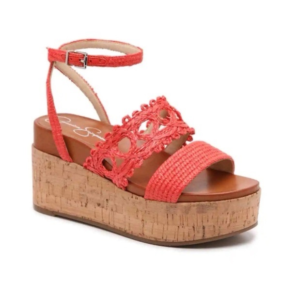 (O)Jessica Simpson Callri Woven Cork Platform Wedge Sandals in Coral Straw,Sz 9M - Picture 1 of 11